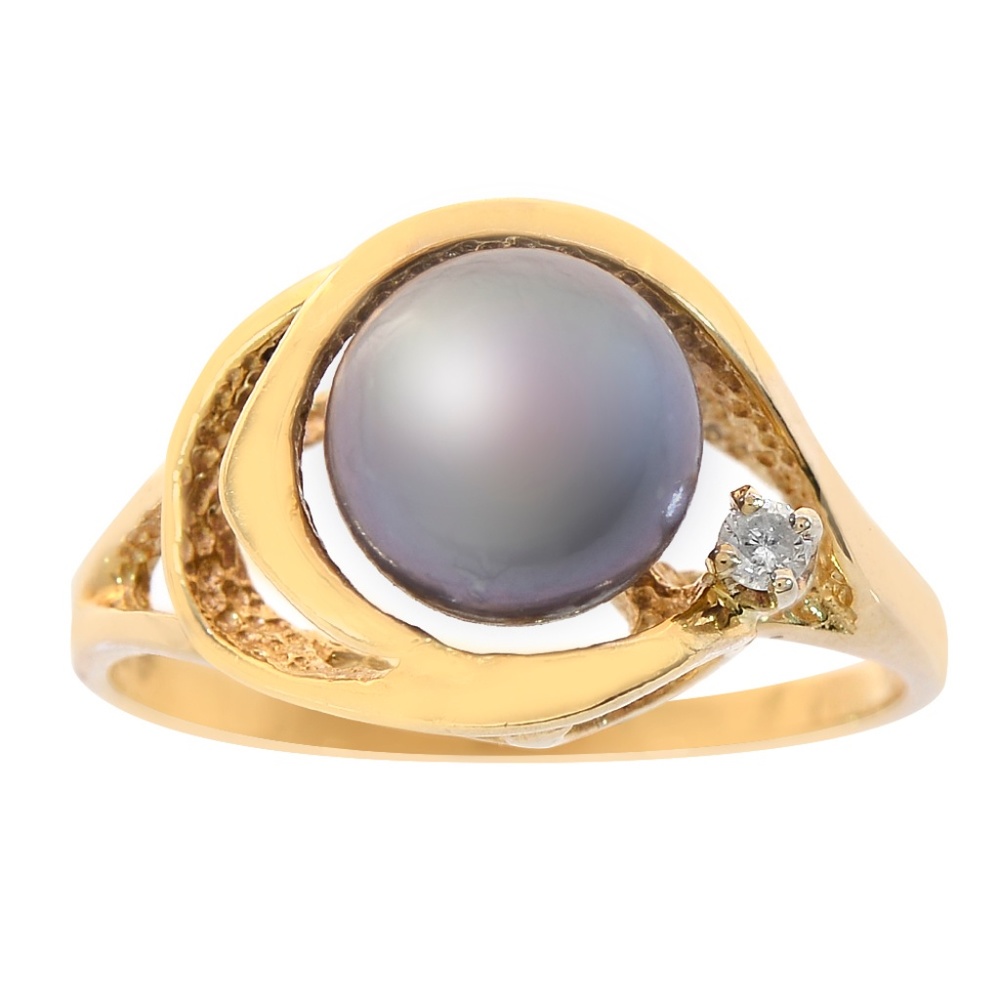8mm Peacock Color Cultured Pearl & Diamond Ring